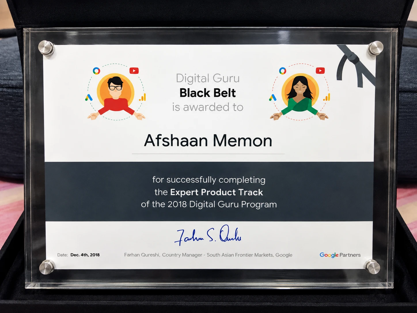 Google Digital Guru Black Belt certificate awarded to Afshaan Memon, December 2018